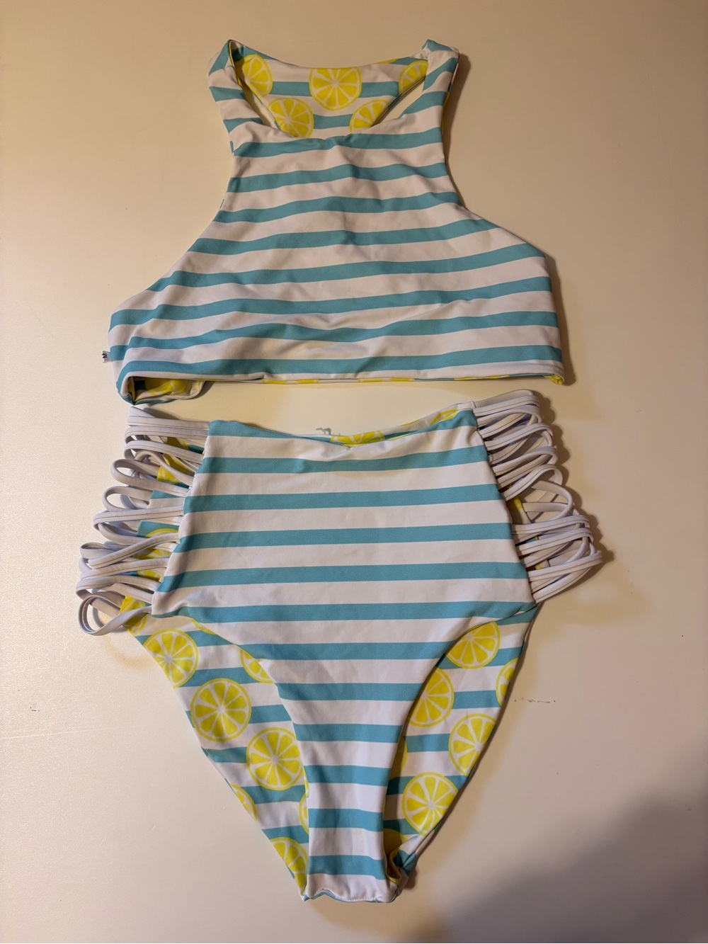 Striped High-Neck Bikini Set with Lemon Print - Aqua & Yellow